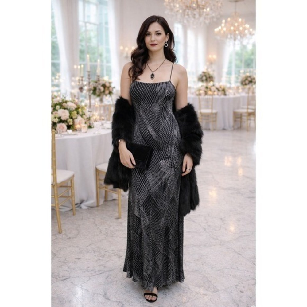 Whimsigoth Fairy Wedding Prom Y2K Black Silver Metallic Grid Maxi Gown 10 Dress